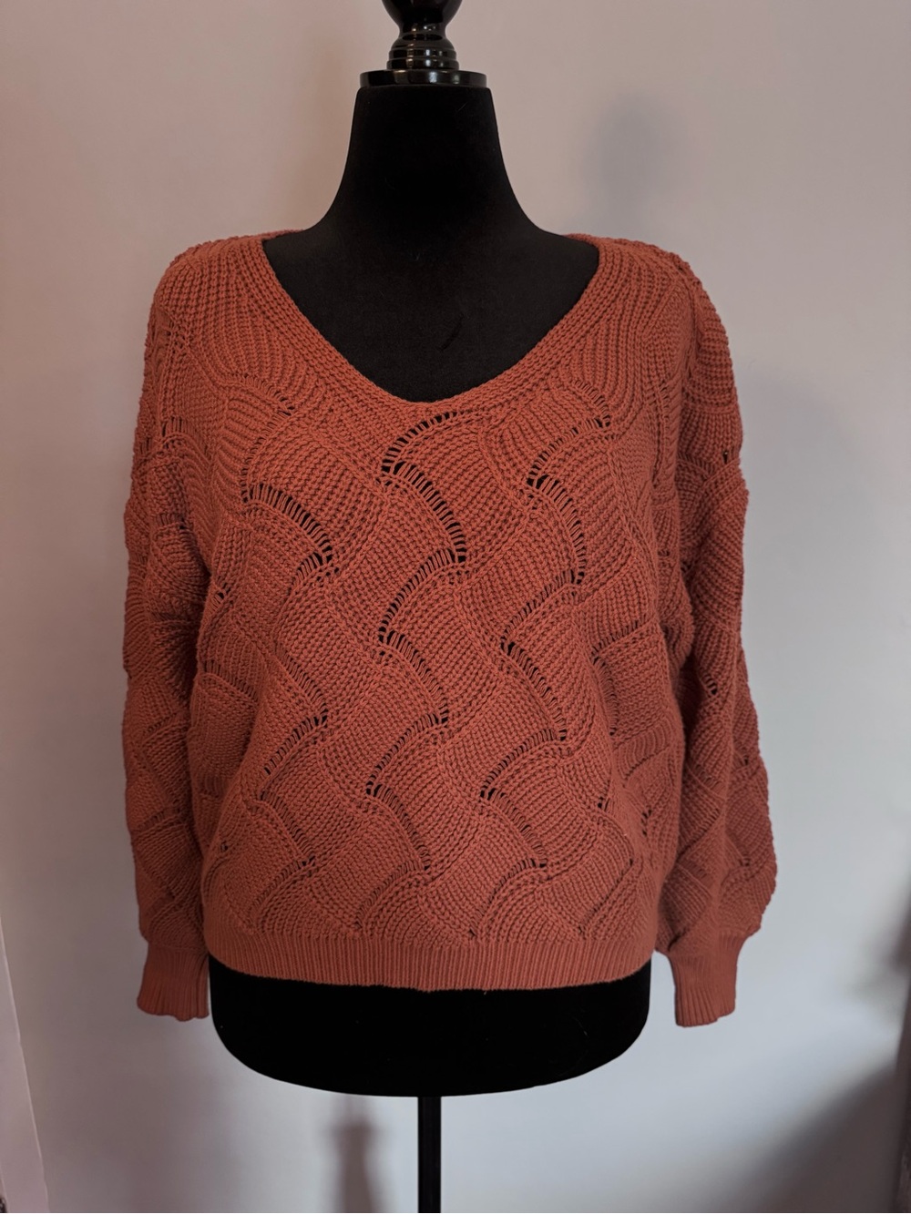 moon & madison Open-Knit V-Neck Sweater in Rust Orange - Size Large